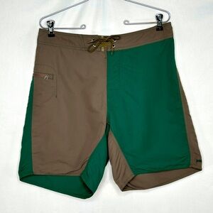 Patagonia Colorblock Green Brown Board Shorts Nylon Lace Side Zip‎ Pocket Sz 32